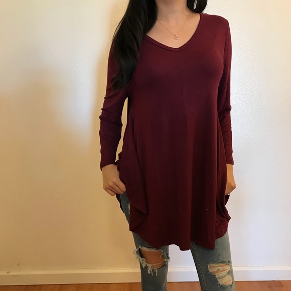 Burgundy V Neck Loose Top - Picture 2 of 4